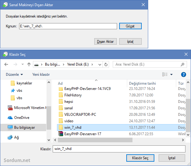 hyper-vde dışa aktarılacak klasörü seçelim