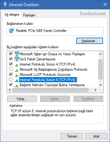 ip v6 yı devre dışı bırakma