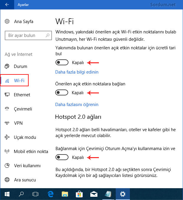 wifi özelliklerini kapatalım