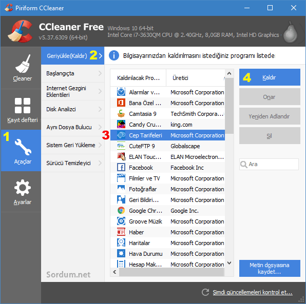 ccleaner ile cep tarife uygulamasını kaldıralım