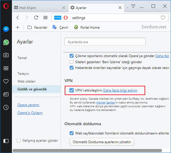 OPerada VPN yi etkinleştir