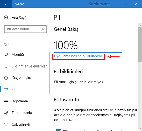Uygulama başı pil kullanımı