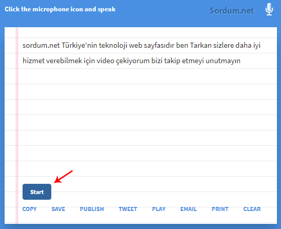 dictation.io ses kaydı başlatma