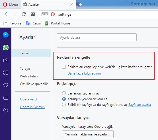 Opera reklam engelleme