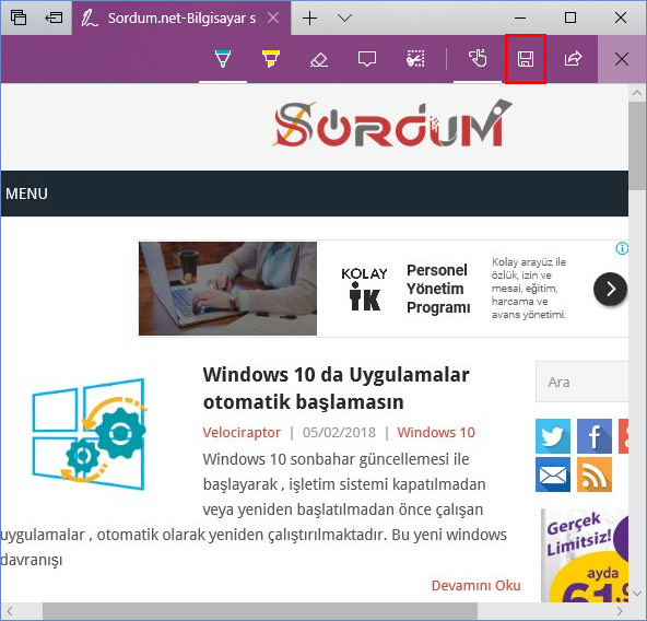 Edge de tam sayfa ekran görüntüsü