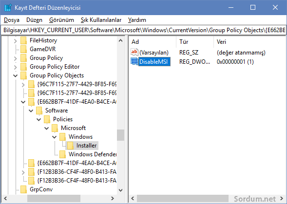 Registrydeki disable.msi değeri