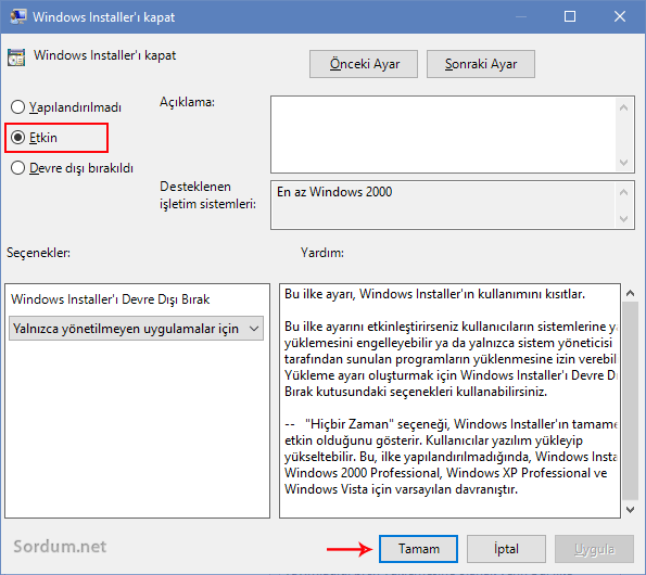 Gpedit ile windows intaller ı kapatalım