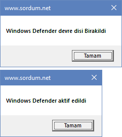 vbs ile Windows defenderi kapatıp açmak