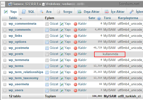 veritabani satırı kullanımda