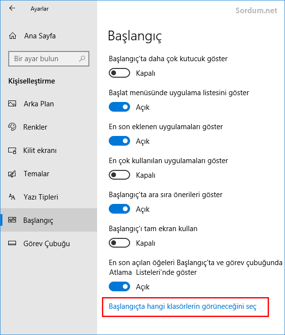 Windows 10  Başlangıç ayarları