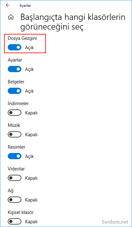 windows 10 da başlangıçta görünecek klasörleri seçelim