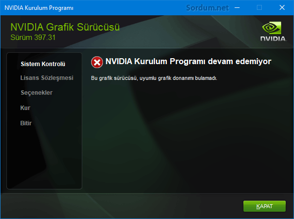 Nvidia kurulum programı devam edemiyor