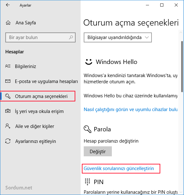 windows 10 Oturum açma seçenekleri