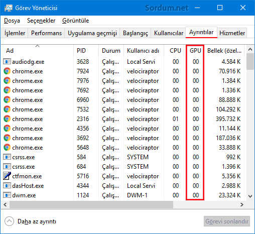 Ayrıntılar sekmesinde GPU