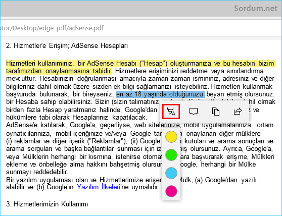 Microsoft EDGE metni vurgula