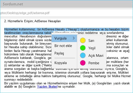 Microsoft EDGE vurgula özelliği