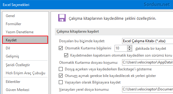 Excel kaydet seçeneği