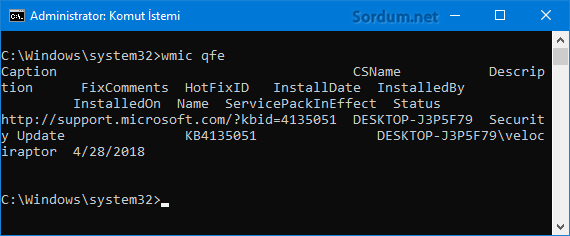 wmic ile yuklu güncellemeler