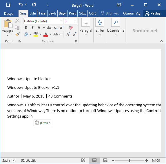 Microsoft word e yapıştırlanlar düz metin şeklini alsın