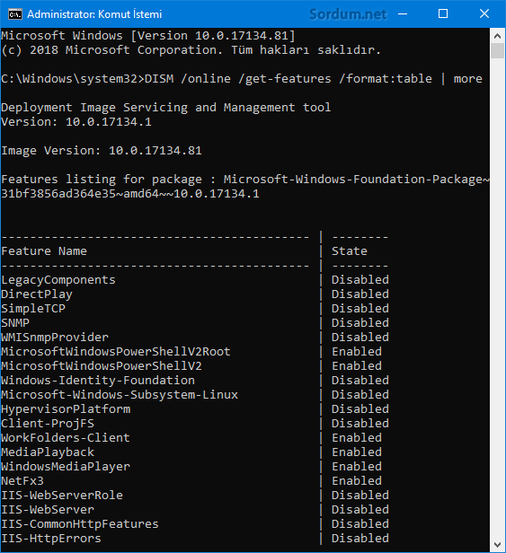 DISM ile windows özellikleri listesi