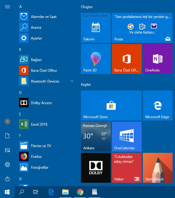 Windows 10 başlat menüsü