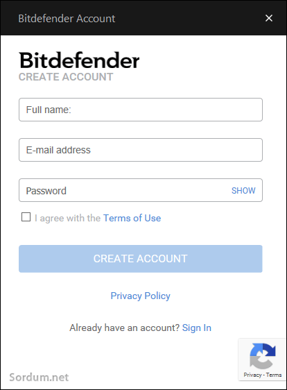 Bitdefender kayıt ekranı