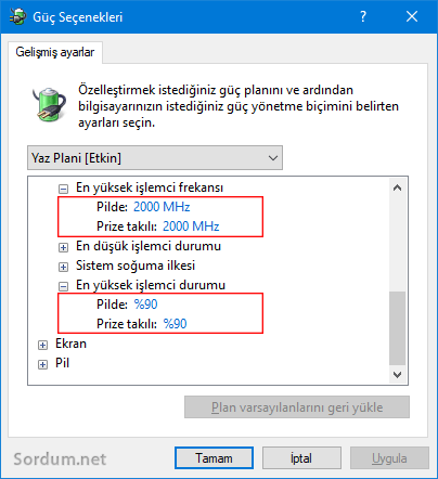 Güç planı gelişmiş ayarları