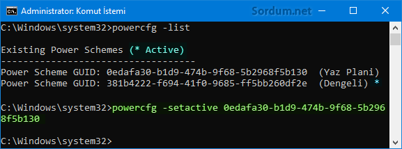 Güç planını aktif edelim