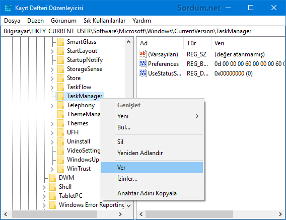 Registry anahtarını ver