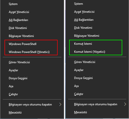 Win x menüsünde Komut istemi