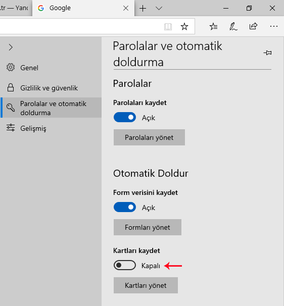 Microsoft EDGE Kartları kaydet