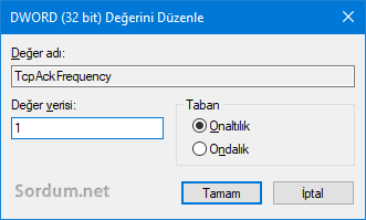 TcpAckFrequency registry değeri