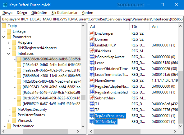 TCPNoDelay registry değeri