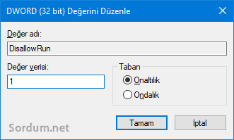 Disallowrun anahtarını düzenle