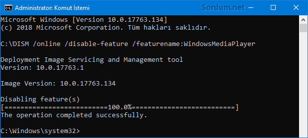 DISM ile windows özelliğini devre dışı bırakmak
