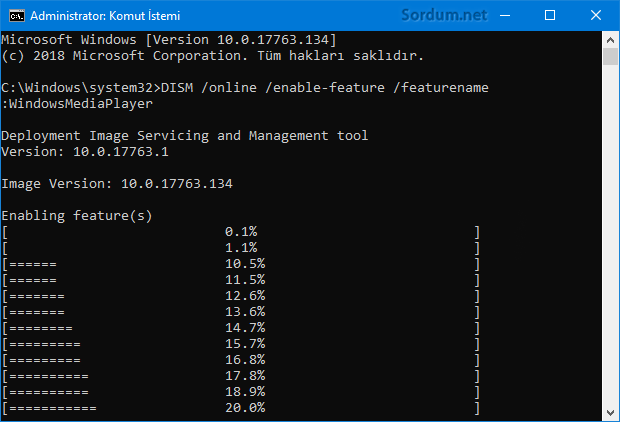 DISM ile windows özelliğni aktif etmek