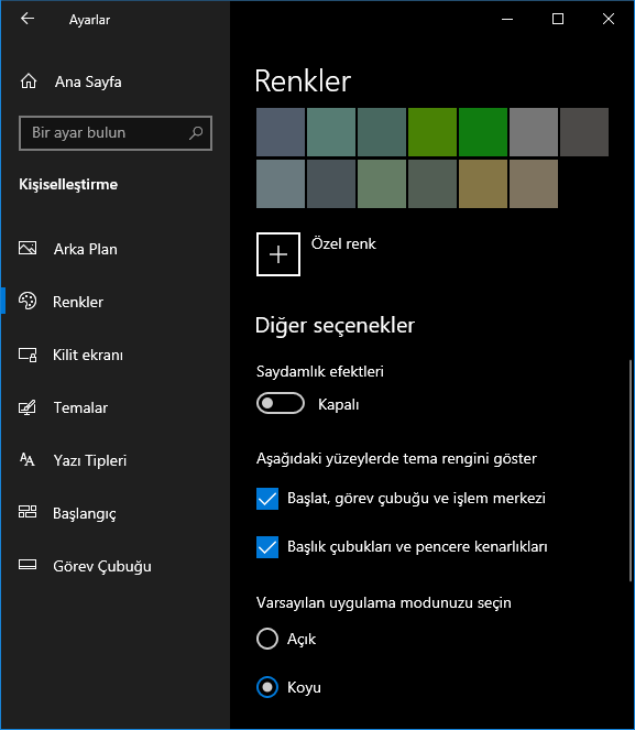 Windows 10 koyu tema