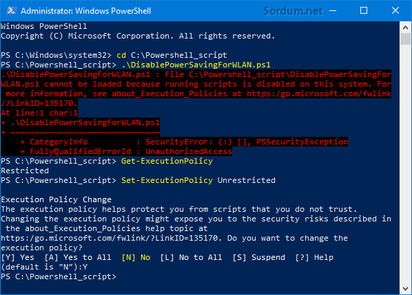 Powershell konsolunda kısıtlamayı kaldıralım