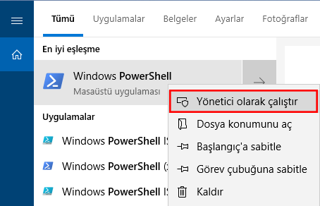 Powershell i yönetici olarak çalıştırmak