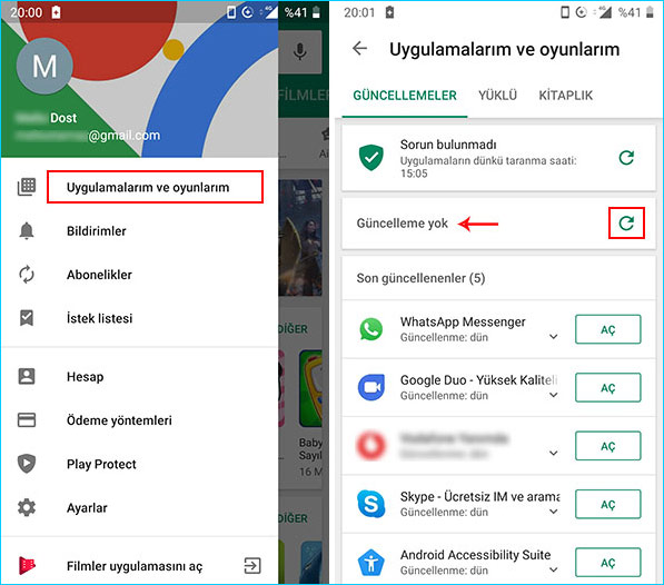 Android uygulamalarının güncelleme kontrolü