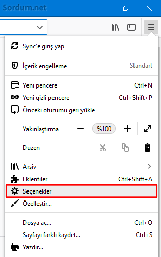 firefox seçenekler