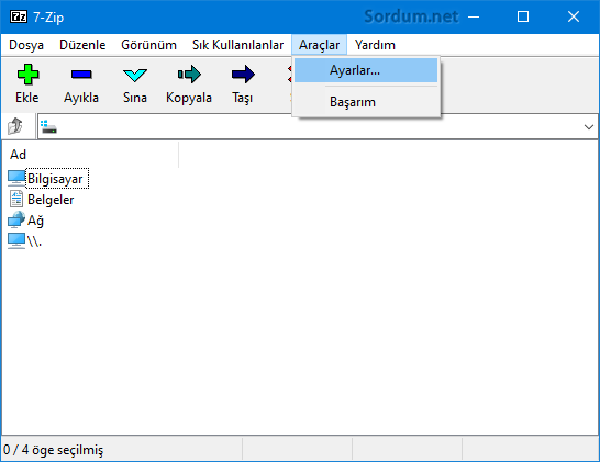 7zip araçlar ayarlar