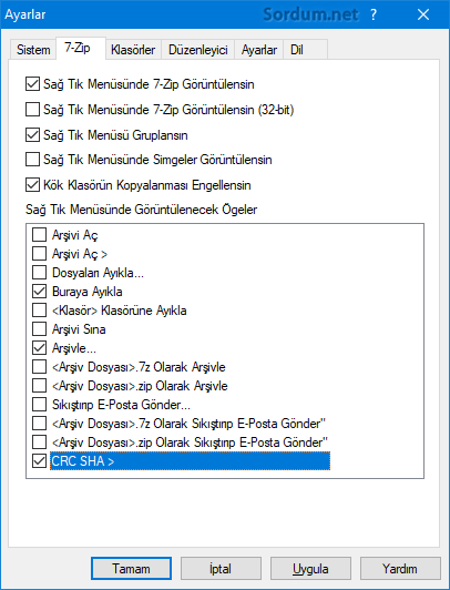 7 zip sağ tuşa sha1 crc