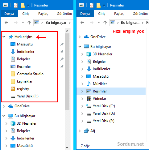 Dosya gezgininden hızlı erişim kaldırıldı