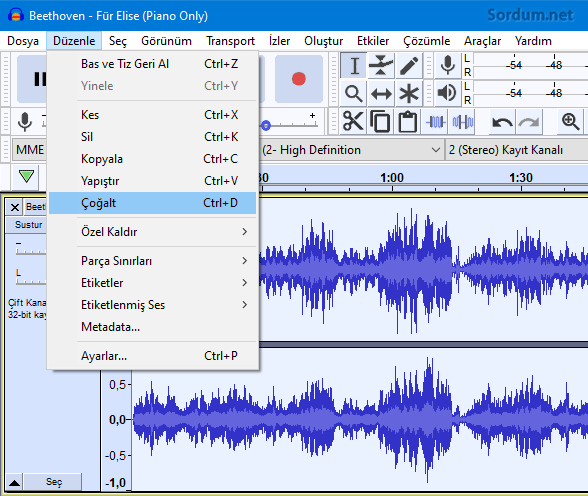 Audacity Düzenle çoğalt