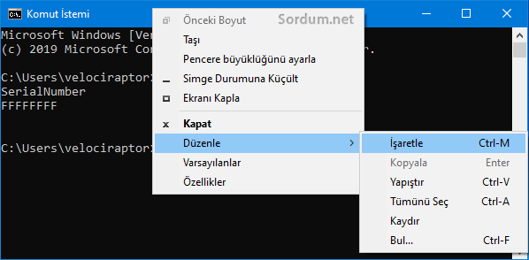 cmd düzenle işaretle