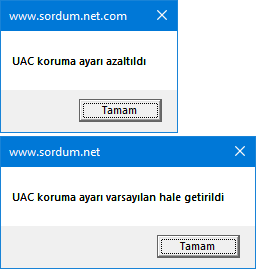 vbs ile UAC seviye ayarı