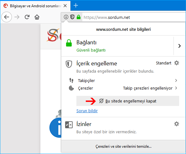 Firefox bu sitede engellemeyi kapat