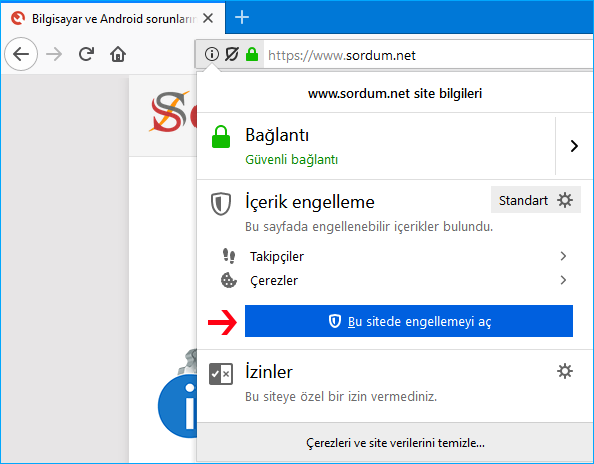 Firefox ta siteler için engellemeyi aç