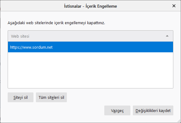 Firefox içerik engelleme istisnaları